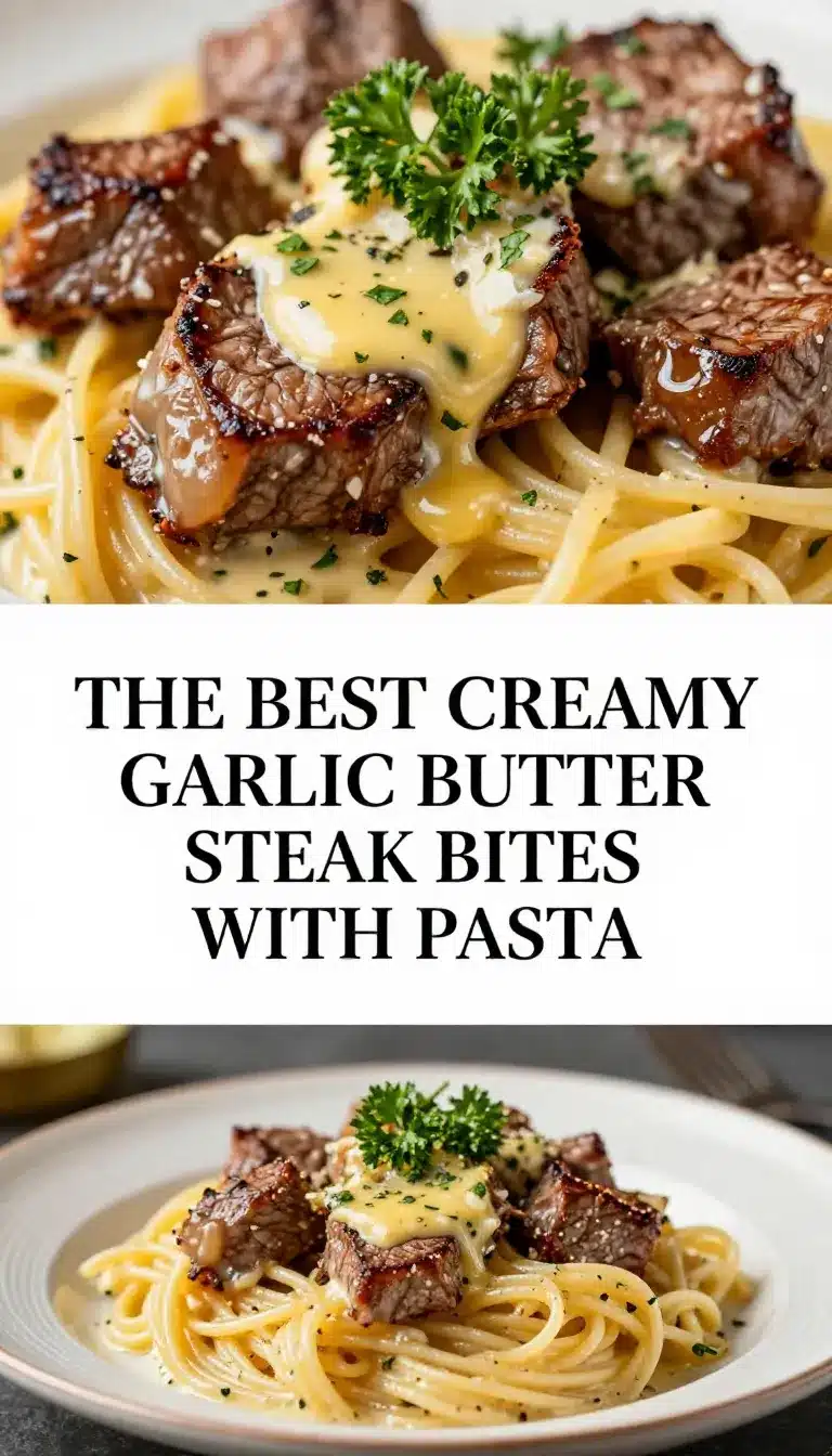 Close-up of creamy garlic butter steak bites served over pasta on a plate.
