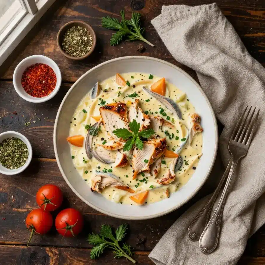 A creamy low-carb chicken casserole served in a white baking dish with fresh herbs on top.