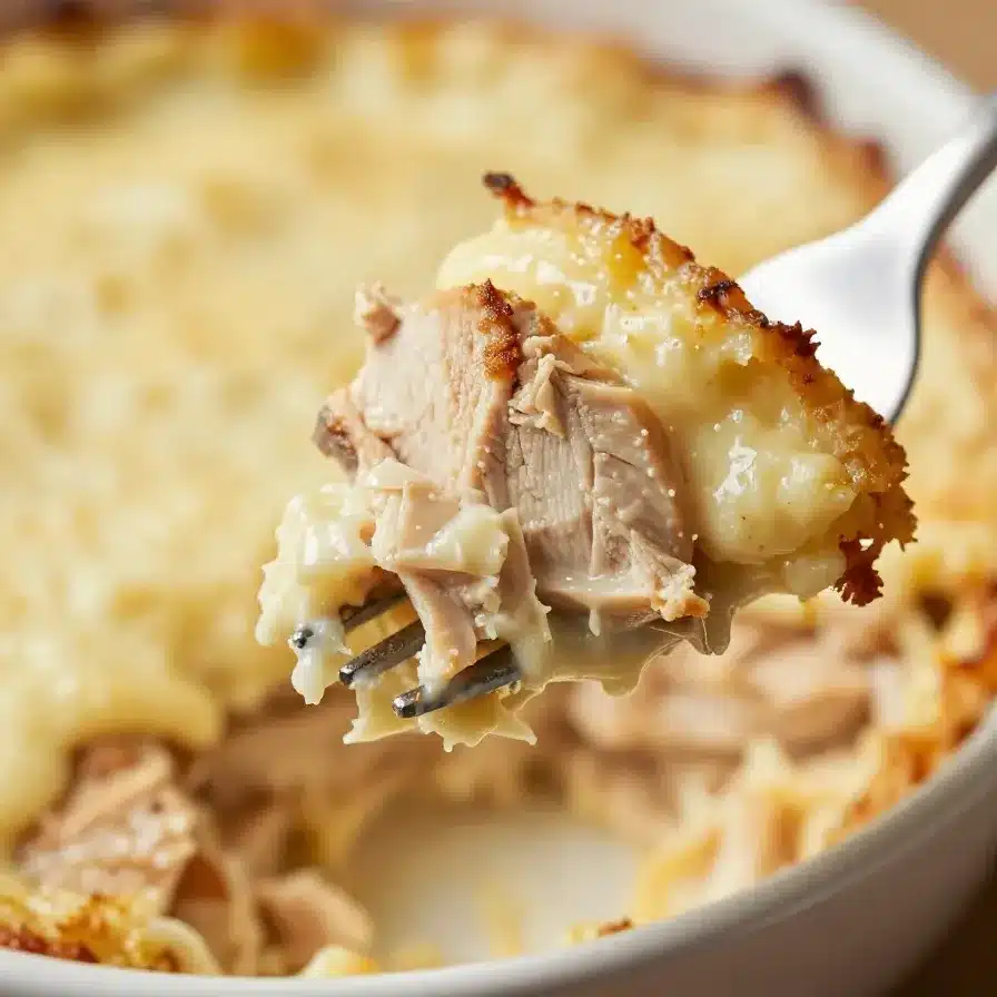 A creamy low-carb chicken casserole served in a white baking dish with fresh herbs on top.
