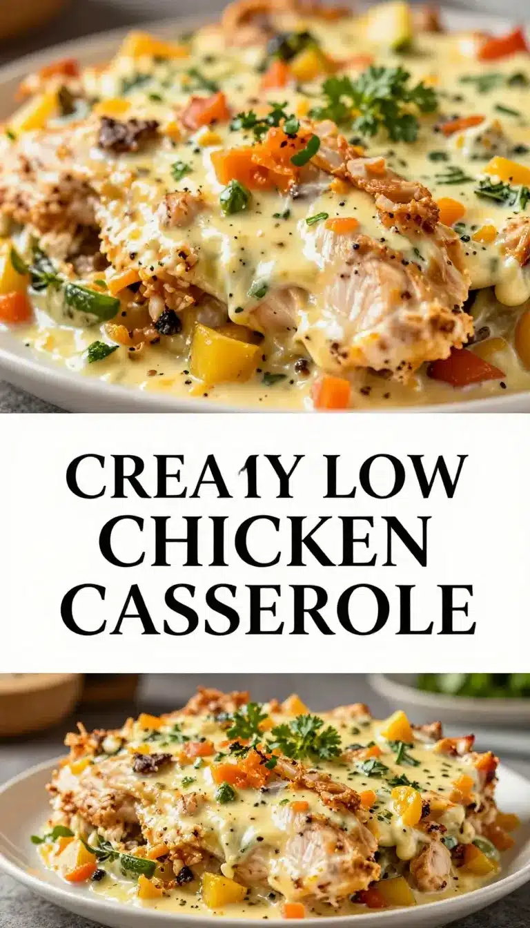 A creamy low-carb chicken casserole served in a white baking dish with fresh herbs on top.