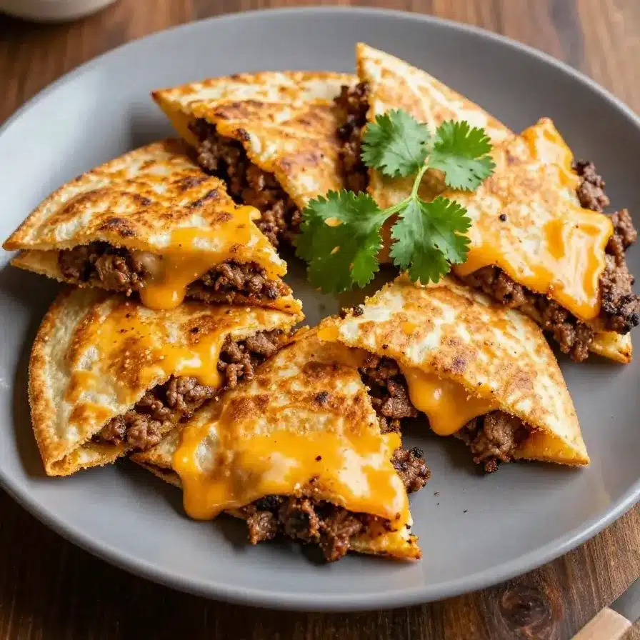 Close-up of cheesy ground beef quesadillas served on a plate with a side of salsa and sour cream.