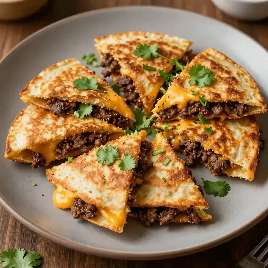 Close-up of cheesy ground beef quesadillas served on a plate with a side of salsa and sour cream.