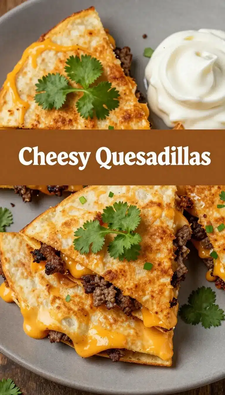 Close-up of cheesy ground beef quesadillas served on a plate with a side of salsa and sour cream.