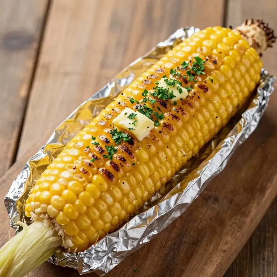 Grilled corn on the cob wrapped in foil, cooked to perfection with butter and seasoning.