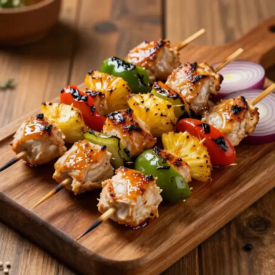 Grilled chicken pineapple kabobs served on a wooden platter.