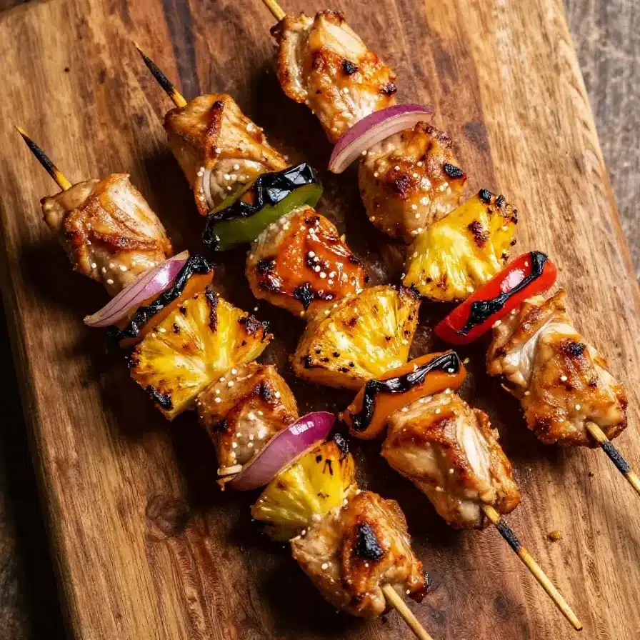 Grilled chicken pineapple kabobs served on a wooden platter.