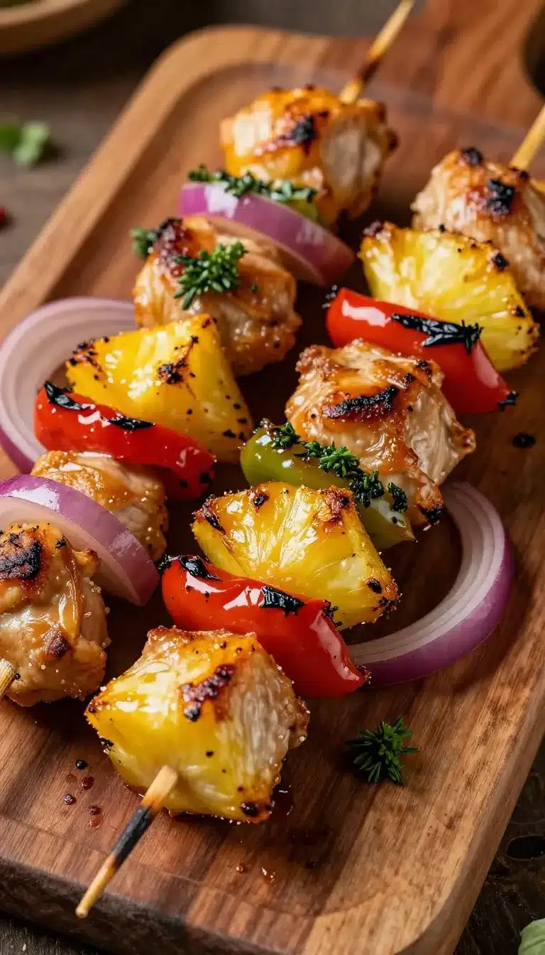 Grilled chicken pineapple kabobs served on a wooden platter.