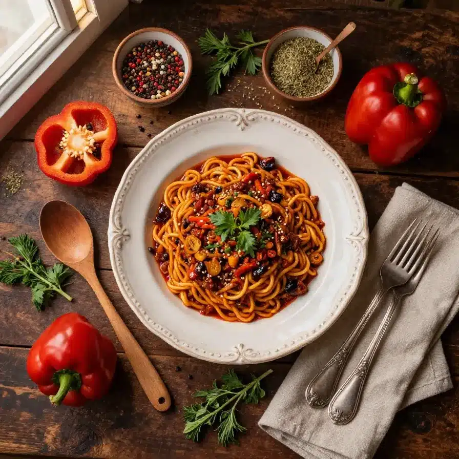 A bowl of chili mac topped with shredded cheese and fresh parsley.