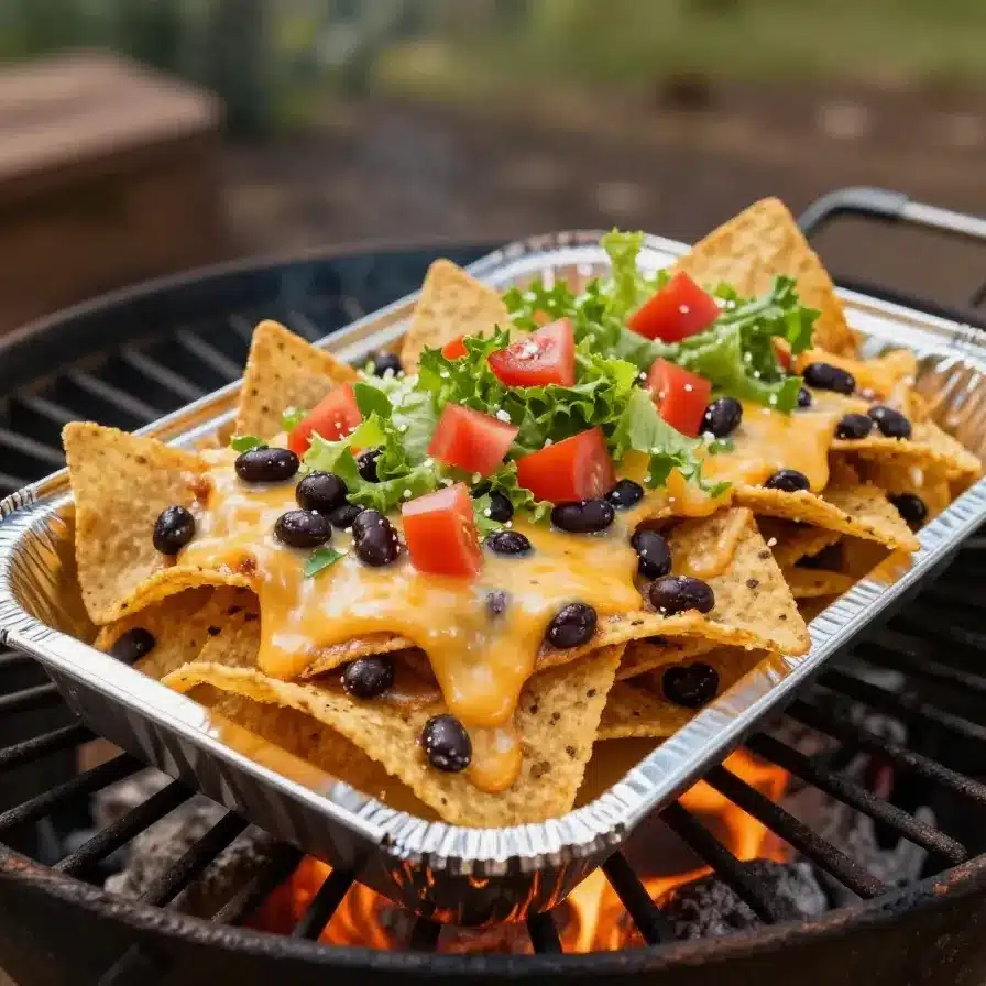Grilled nachos served on a camping grill with melted cheese and toppings.