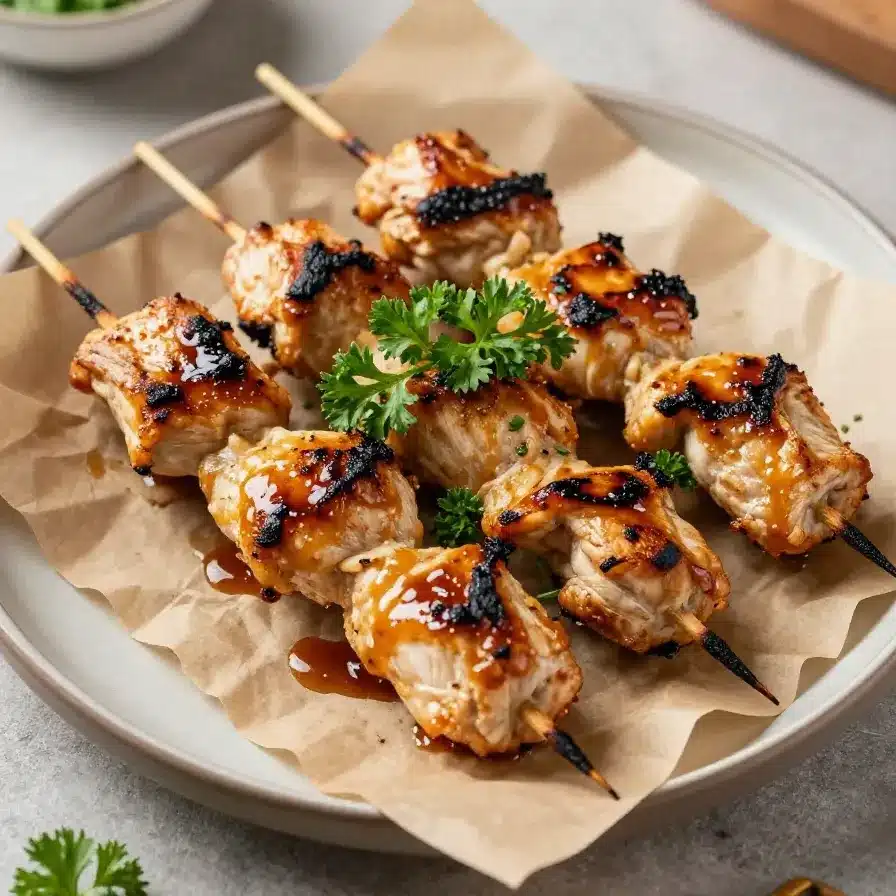 Grilled Bang Bang Chicken Skewers served on a wooden platter with fresh herbs.