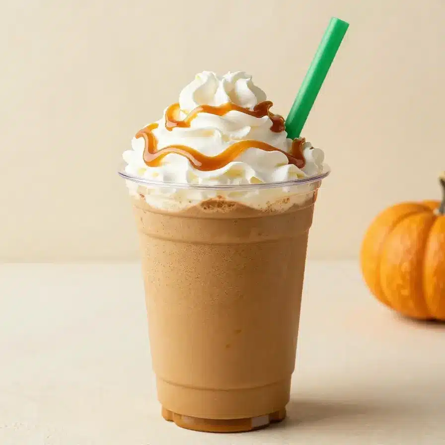 A light low-calorie pumpkin pie-inspired Starbucks Frappuccino drink served in a glass with whipped cream on top.