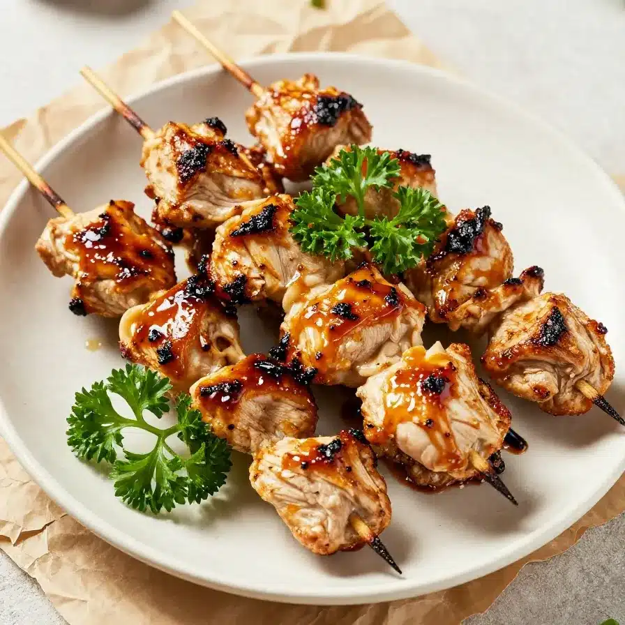 Grilled Bang Bang Chicken Skewers served on a wooden platter with fresh herbs.