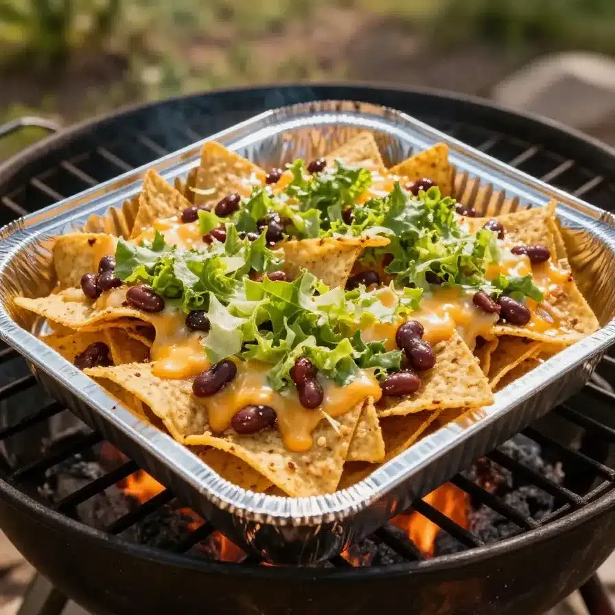 Grilled nachos served on a camping grill with melted cheese and toppings.
