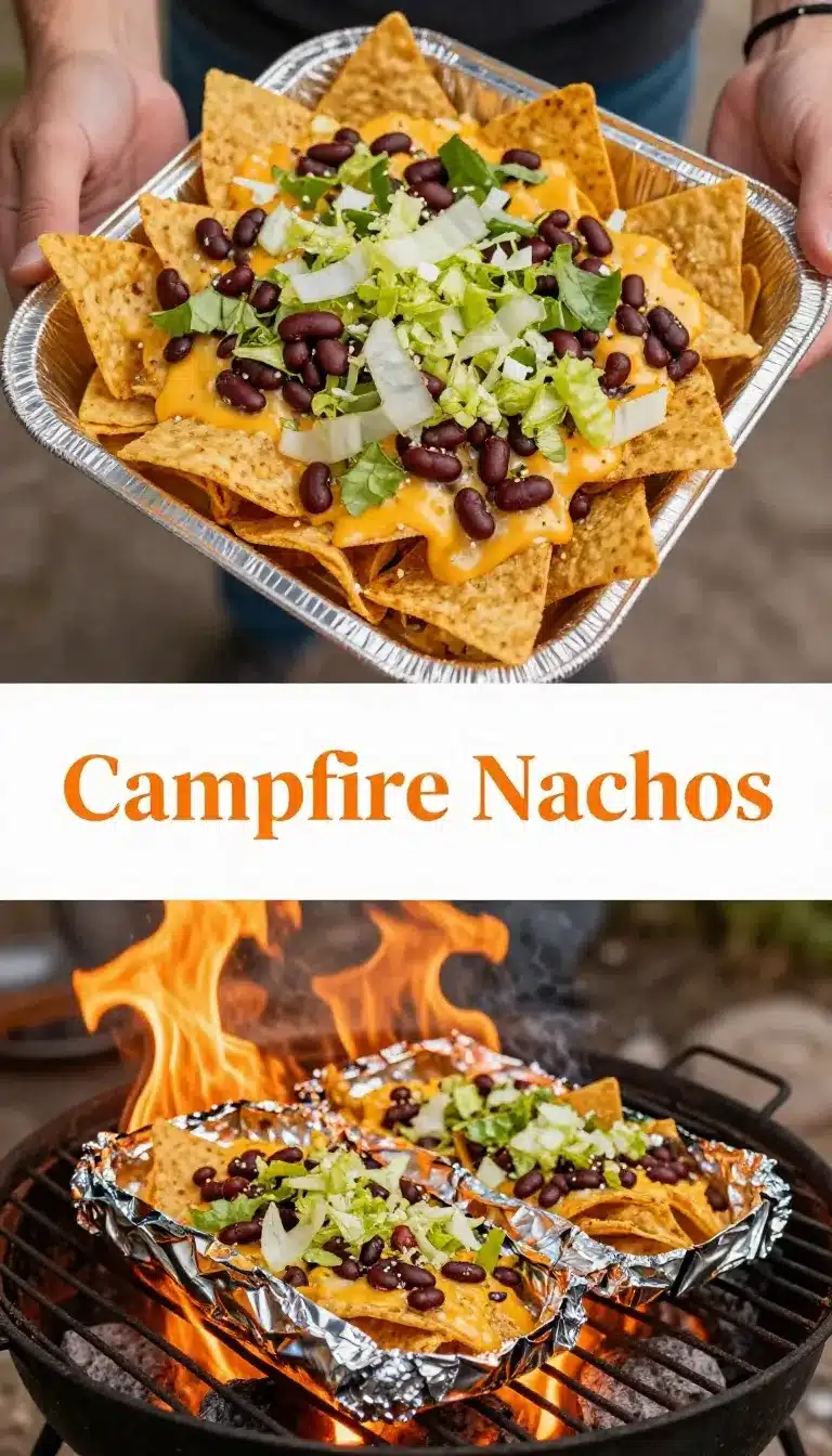 Grilled nachos served on a camping grill with melted cheese and toppings.