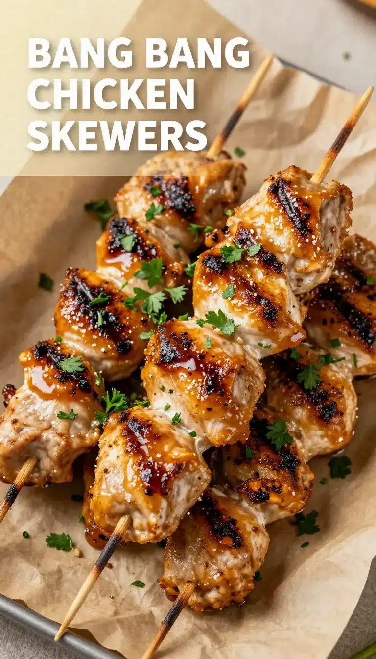 Grilled Bang Bang Chicken Skewers served on a wooden platter with fresh herbs.