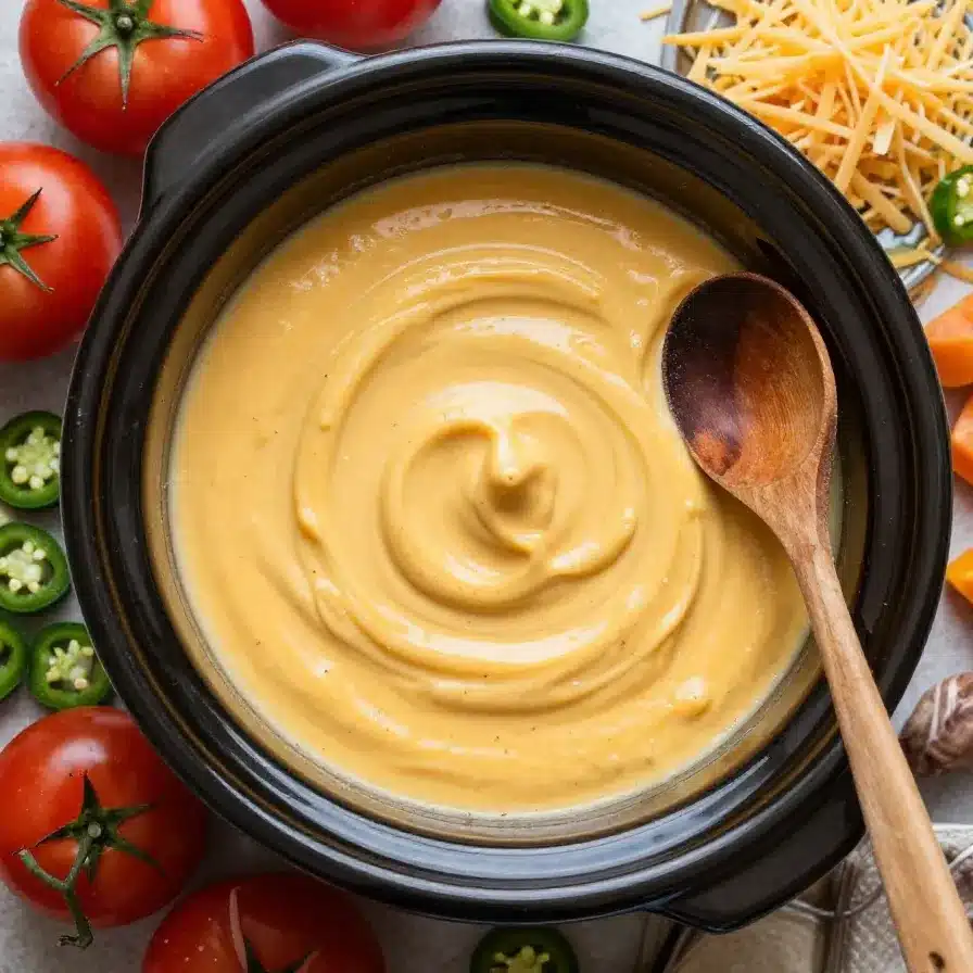 A bowl of creamy queso dip made in a slow cooker, garnished with chopped cilantro and served with tortilla chips.