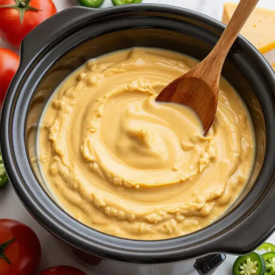 A bowl of creamy queso dip made in a slow cooker, garnished with chopped cilantro and served with tortilla chips.