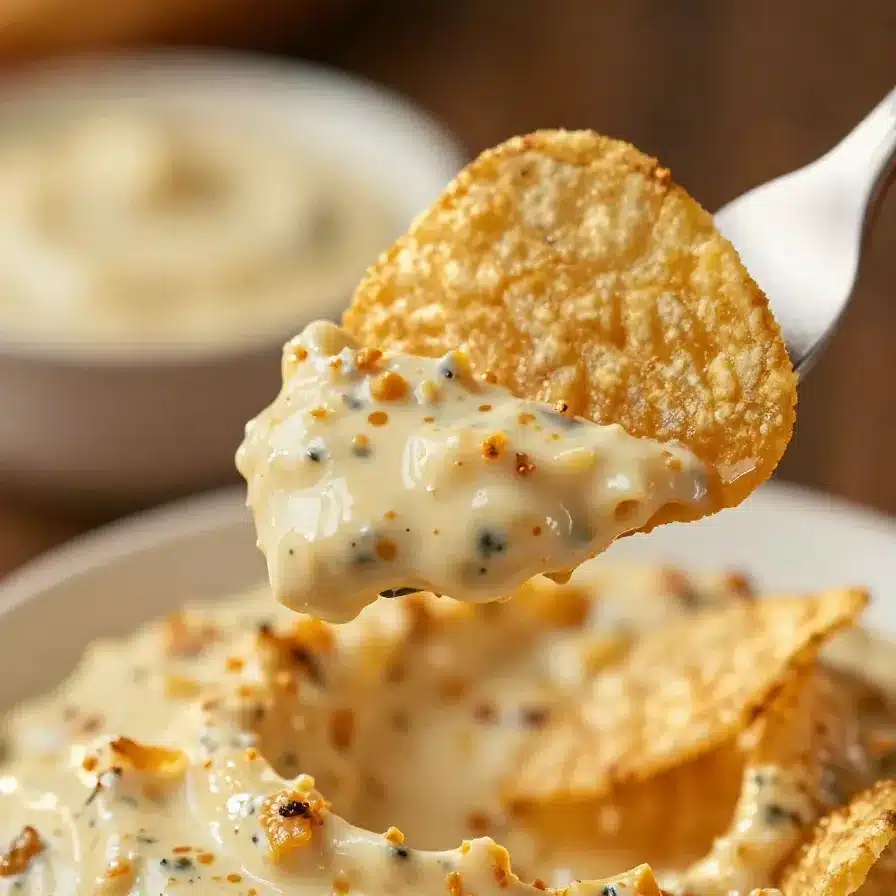 A bowl of creamy chip dip surrounded by tortilla chips on a wooden table.