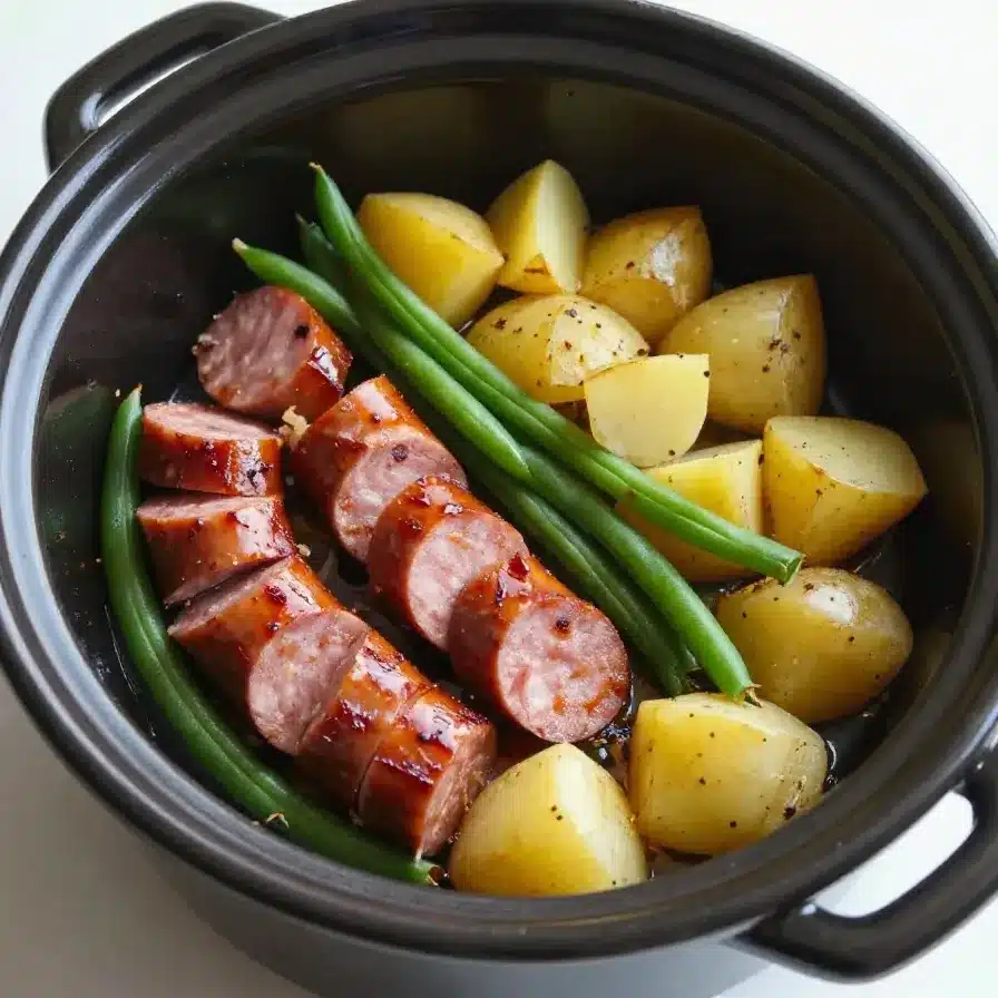 A crockpot filled with kielbasa sausage slices and green beans, cooked and seasoned.