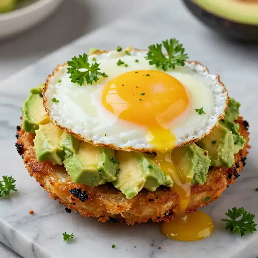 Close-up of crispy hash brown avocado egg cups served on a plate, garnished with herbs.