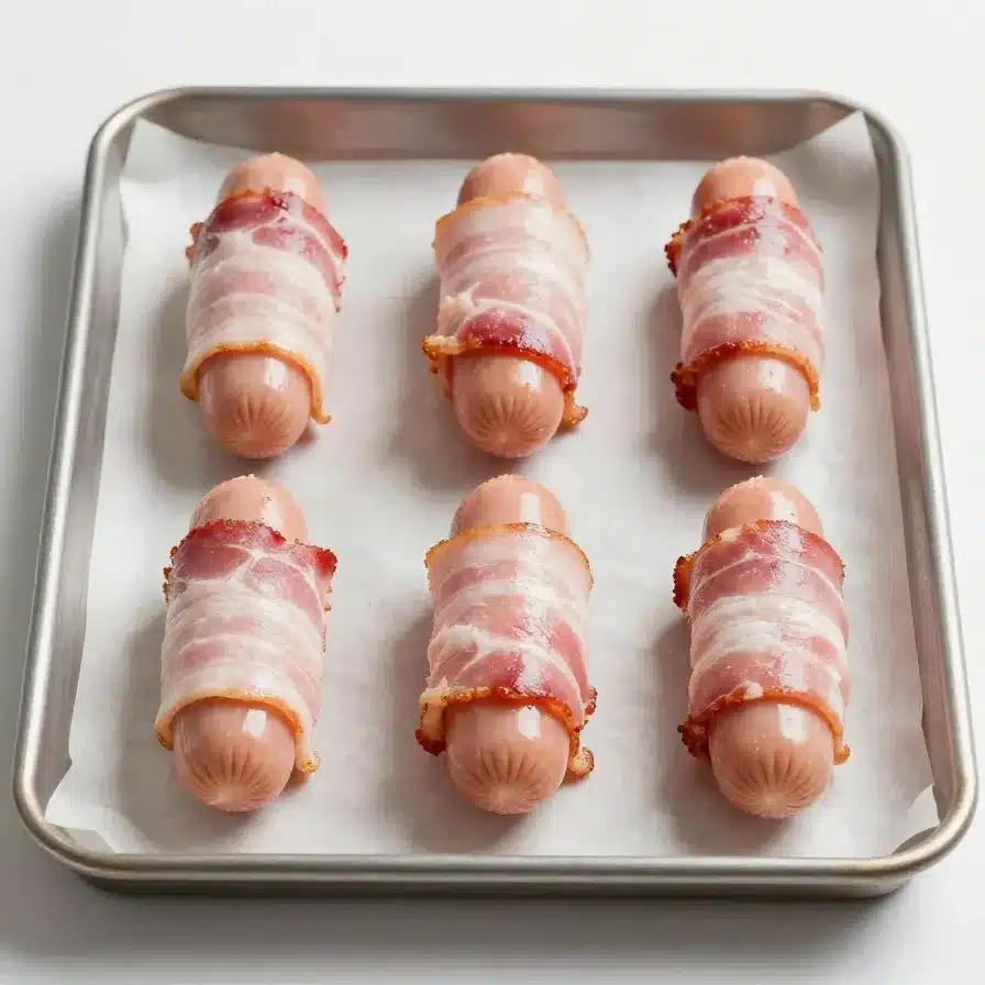 Golden puff pastry boats filled with savory sausage, served on a wooden board.