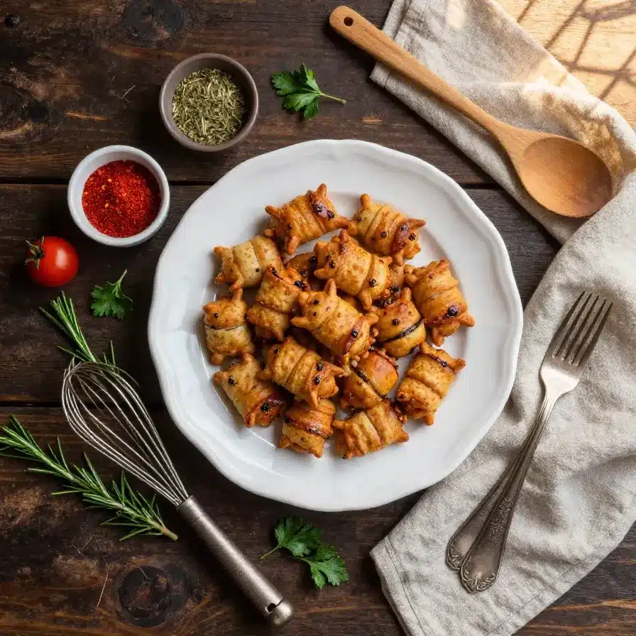 Close-up of freshly baked pigs in a blanket on a wooden serving board.