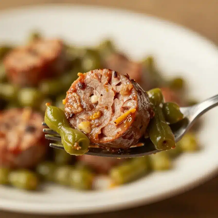 A crockpot filled with kielbasa sausage slices and green beans, cooked and seasoned.