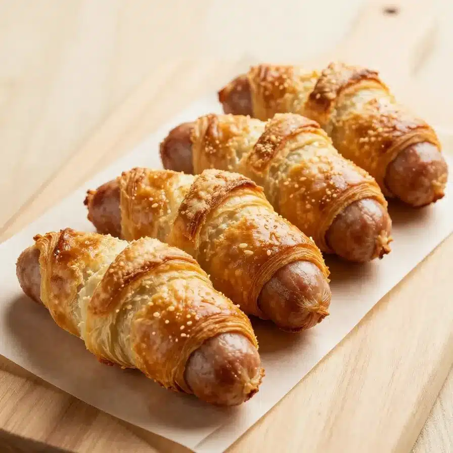 Pigs in a Blanket 1 Close-up of freshly baked pigs in a blanket on a wooden serving board.