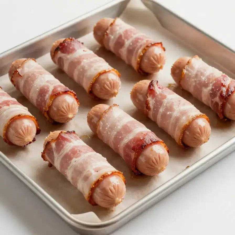 Golden puff pastry boats filled with savory sausage, served on a wooden board.