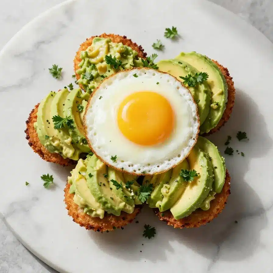 Close-up of crispy hash brown avocado egg cups served on a plate, garnished with herbs.