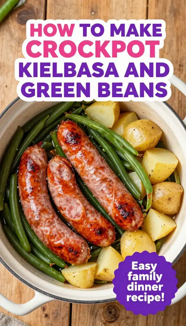A crockpot filled with kielbasa sausage slices and green beans, cooked and seasoned.