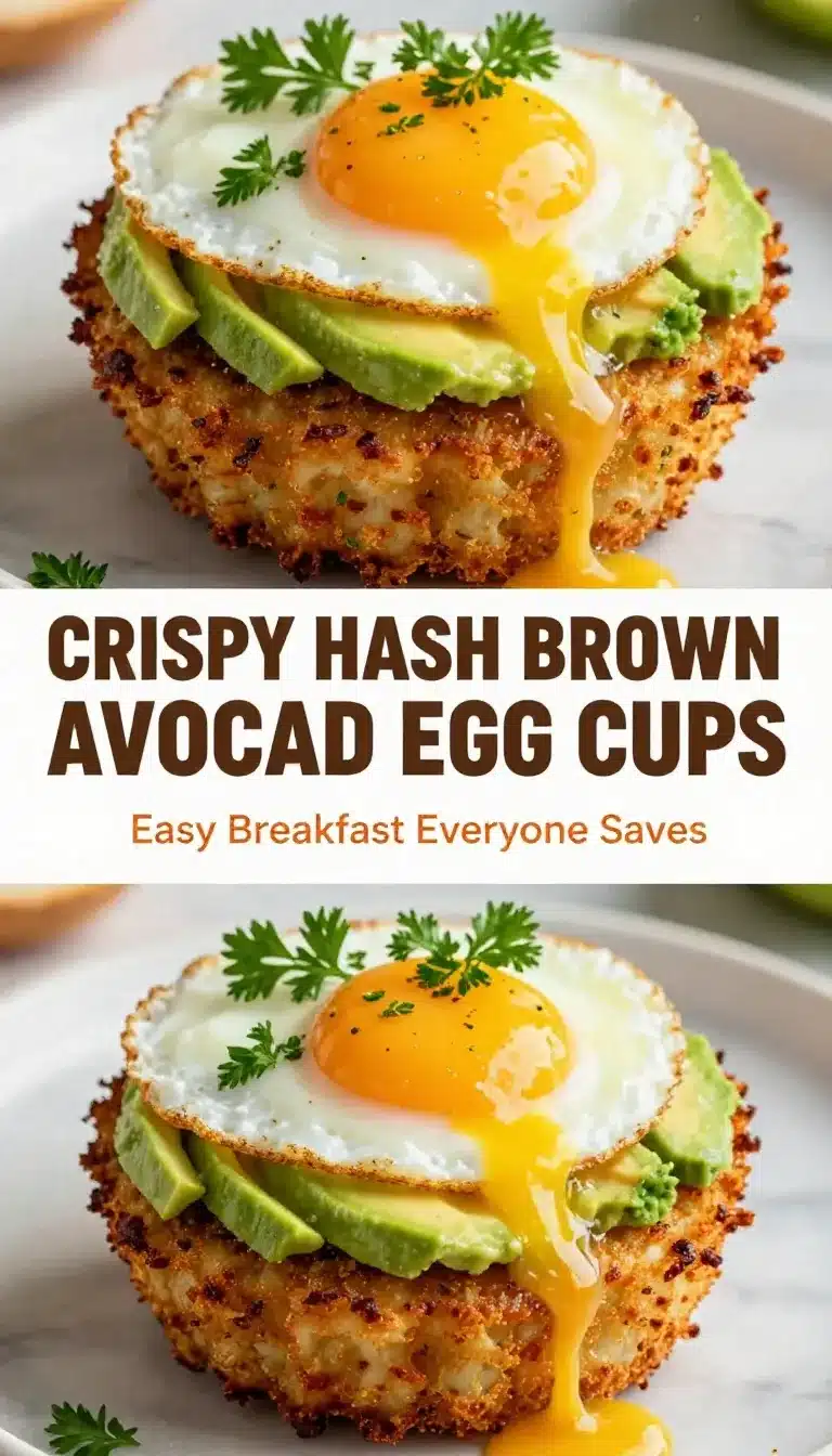 Close-up of crispy hash brown avocado egg cups served on a plate, garnished with herbs.
