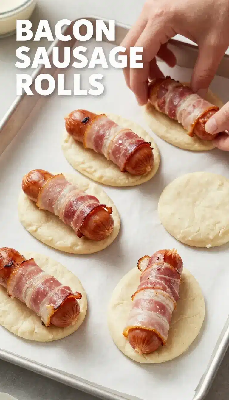 Golden puff pastry boats filled with savory sausage, served on a wooden board.