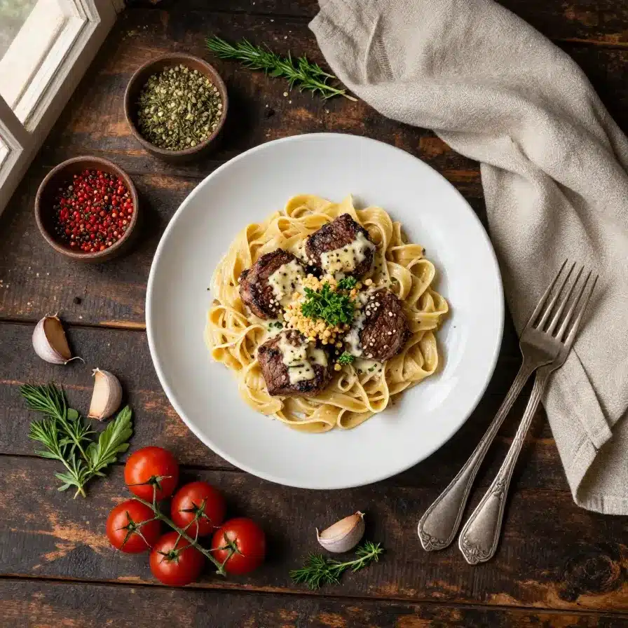 A plate of creamy garlic butter steak bites served over pasta garnished with parsley.