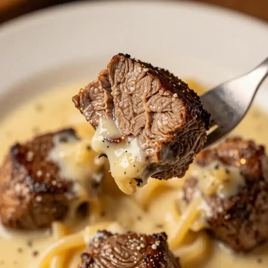 The Best Creamy Garlic Butter Steak Bites with Pasta 2 A plate of creamy garlic butter steak bites served over pasta garnished with parsley.
