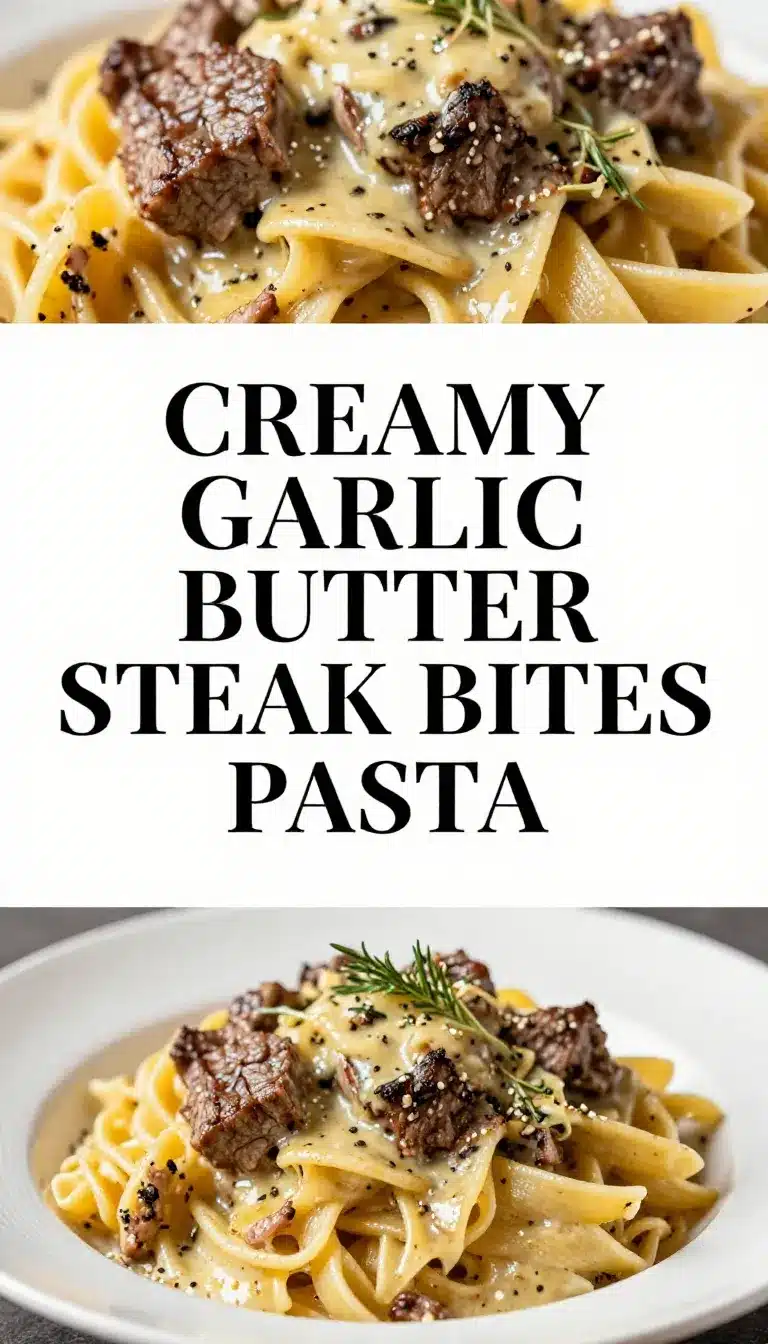 The Best Creamy Garlic Butter Steak Bites with Pasta 3 A plate of creamy garlic butter steak bites served over pasta garnished with parsley.