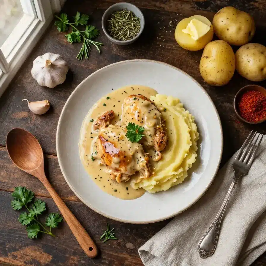 A plate of creamy garlic chicken served with rich gravy and fluffy mashed potatoes.