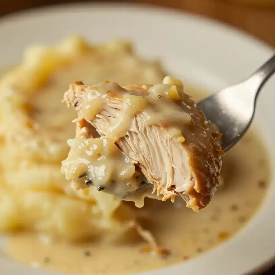 A plate of creamy garlic chicken served with rich gravy and fluffy mashed potatoes.