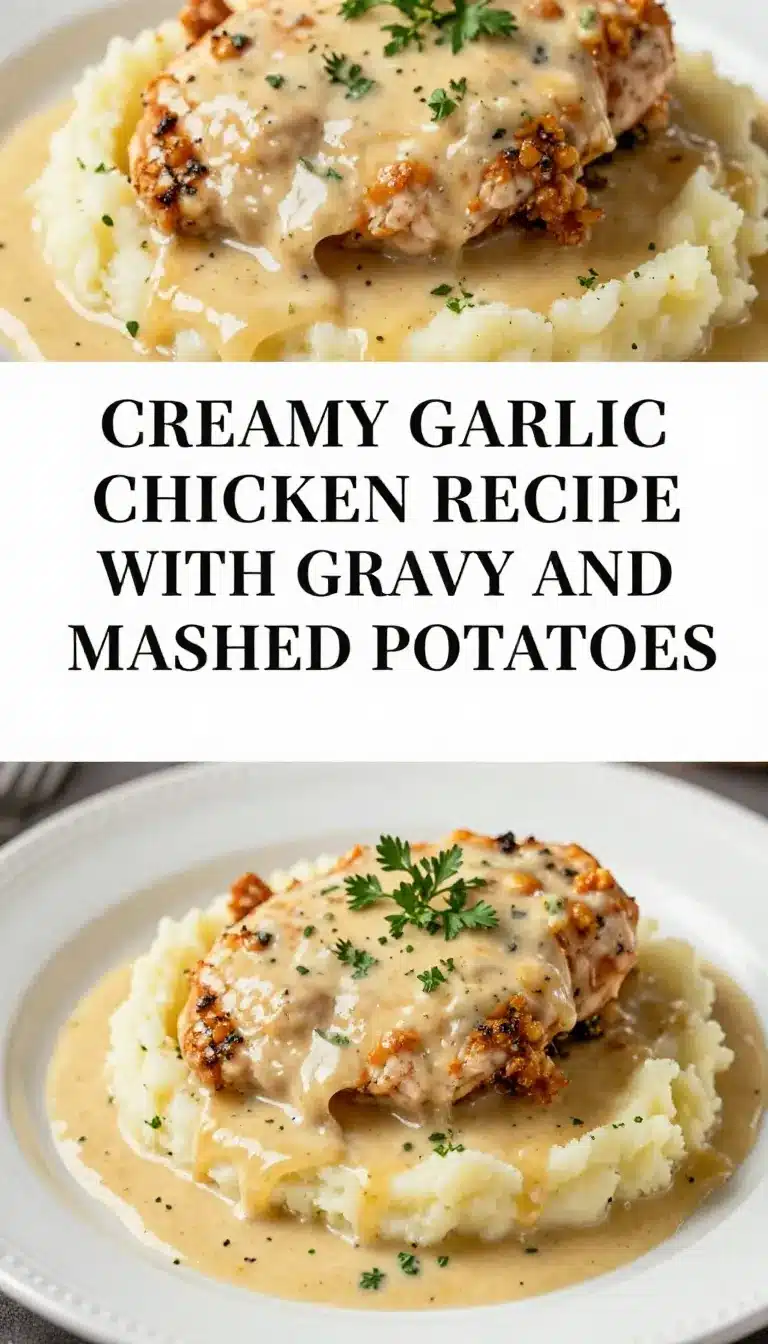 A plate of creamy garlic chicken served with rich gravy and fluffy mashed potatoes.