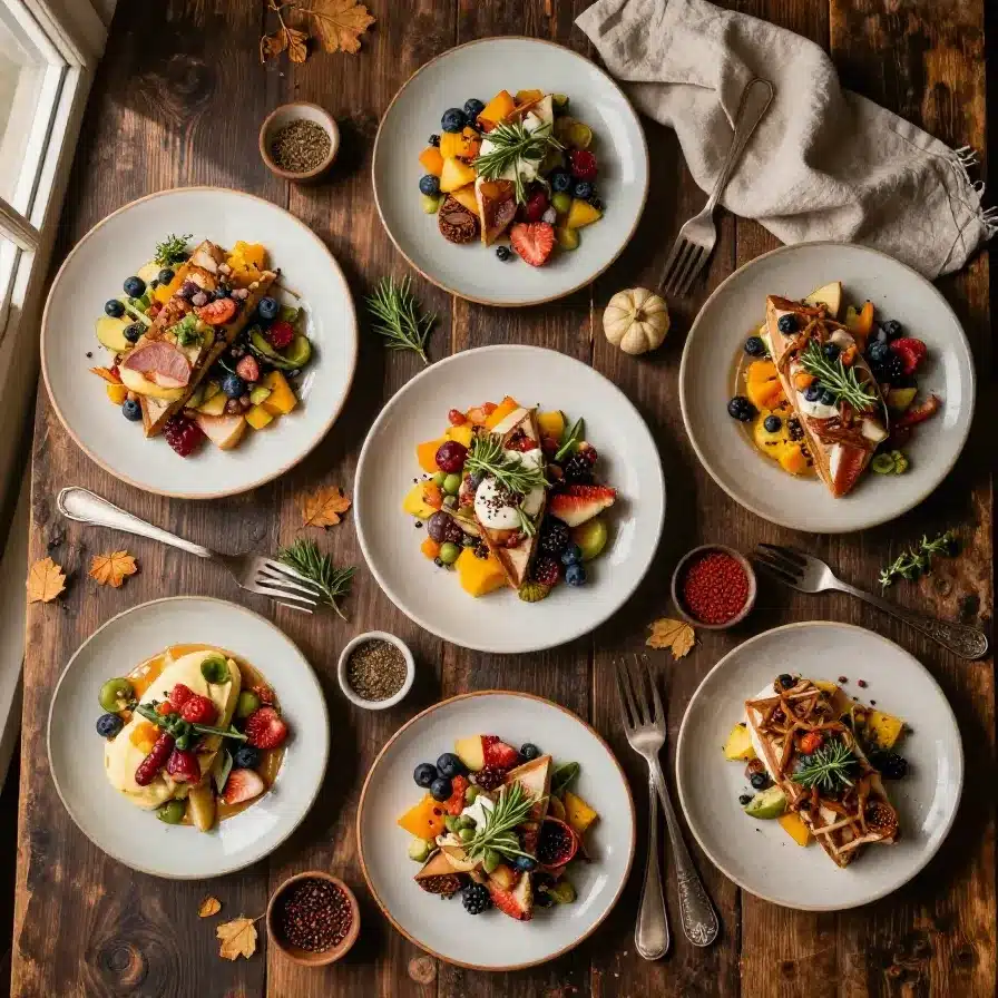 A cozy autumn dinner table with seasonal dishes and fall decorations.
