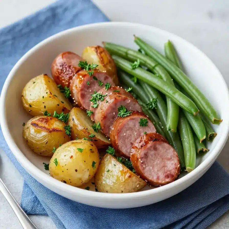 A hearty dish of swamp potatoes and sausage served in a rustic bowl.