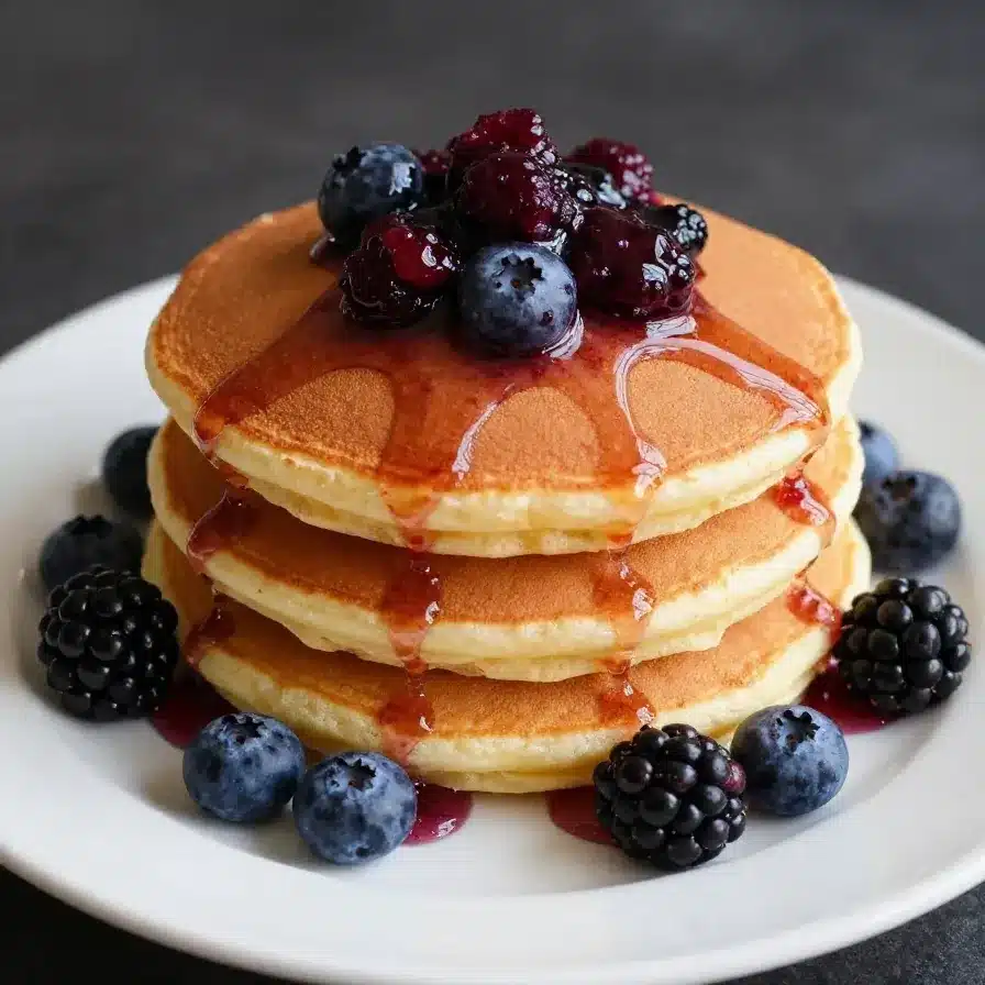 Close-up of fluffy Japanese soufflé pancakes topped with powdered sugar and fresh berries.