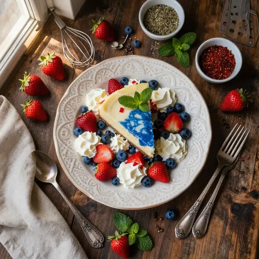 A bowl of Red White and Blue Cheesecake Salad featuring strawberries, blueberries, and creamy cheesecake filling.