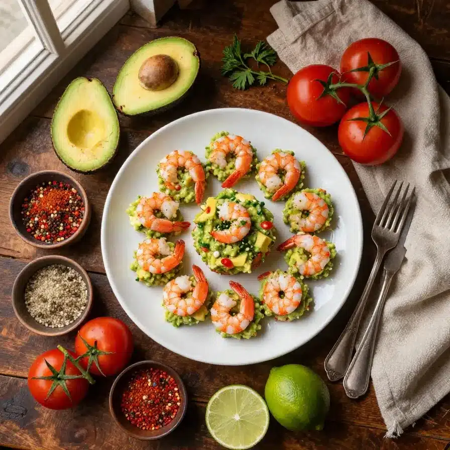 Close-up of shrimp guacamole bites arranged on a white plate.