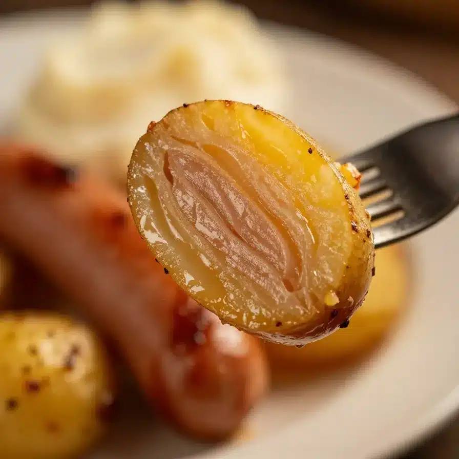 Swamp Potatoes and Sausage 2 A hearty dish of swamp potatoes and sausage served in a rustic bowl.
