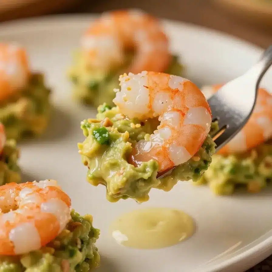 Close-up of shrimp guacamole bites arranged on a white plate.