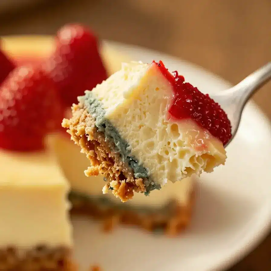 Red White and Blue Cheesecake Salad 2 A bowl of Red White and Blue Cheesecake Salad featuring strawberries, blueberries, and creamy cheesecake filling.