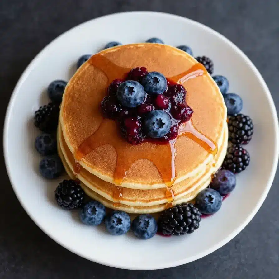 Close-up of fluffy Japanese soufflé pancakes topped with powdered sugar and fresh berries.