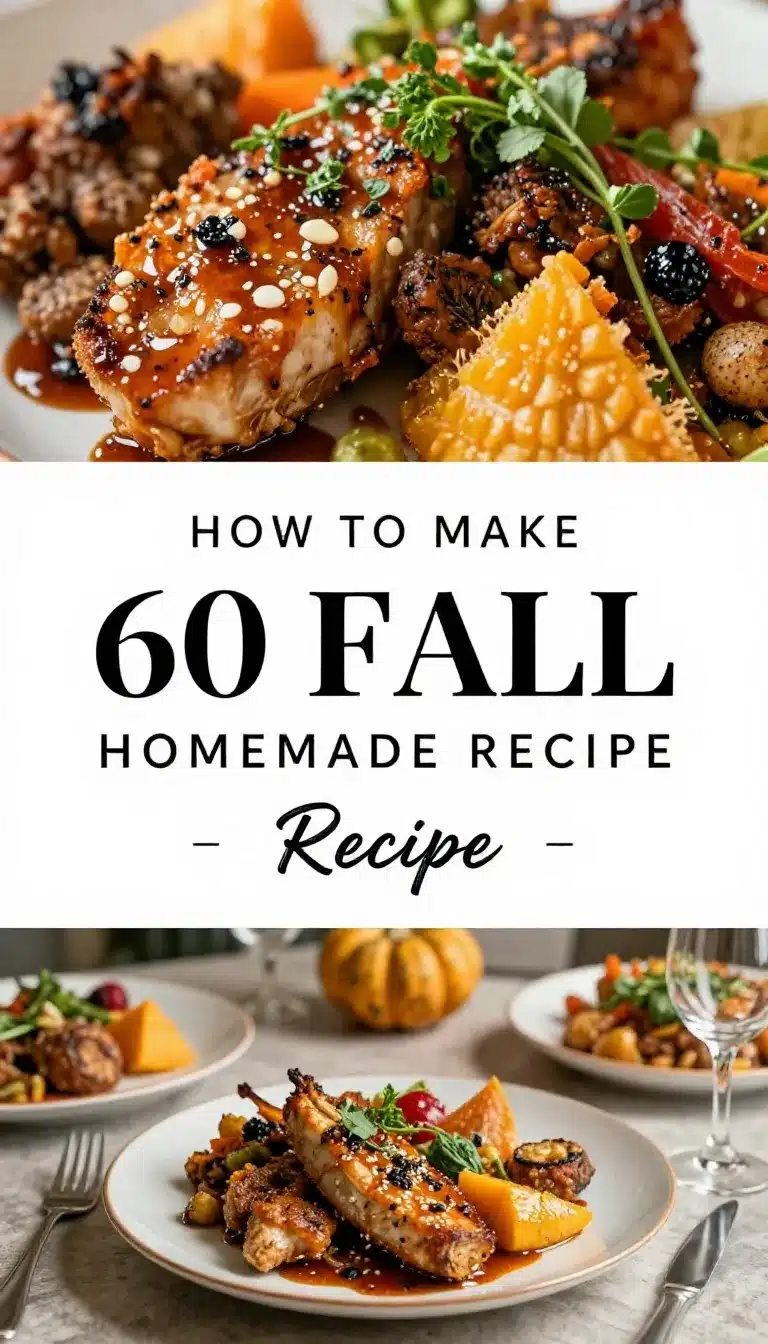 A cozy autumn dinner table with seasonal dishes and fall decorations.