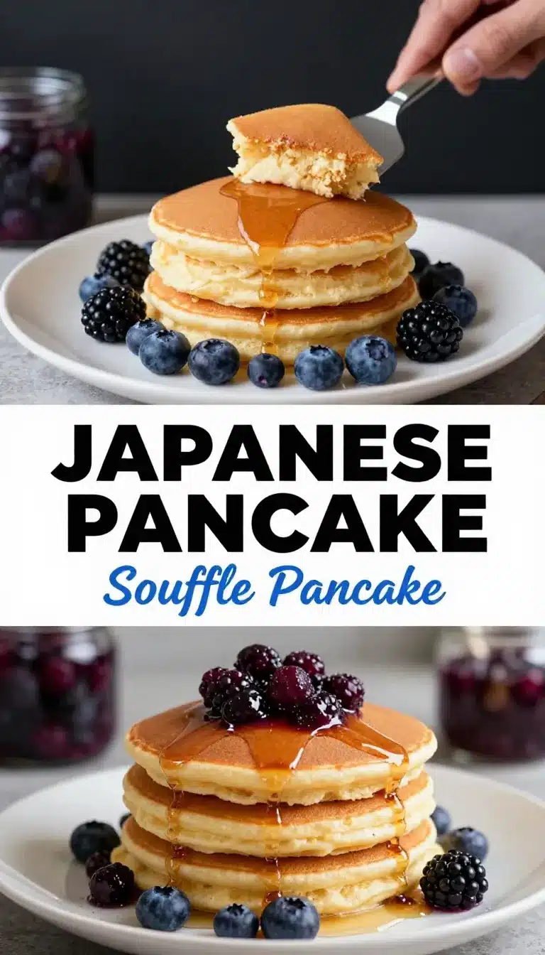 Close-up of fluffy Japanese soufflé pancakes topped with powdered sugar and fresh berries.